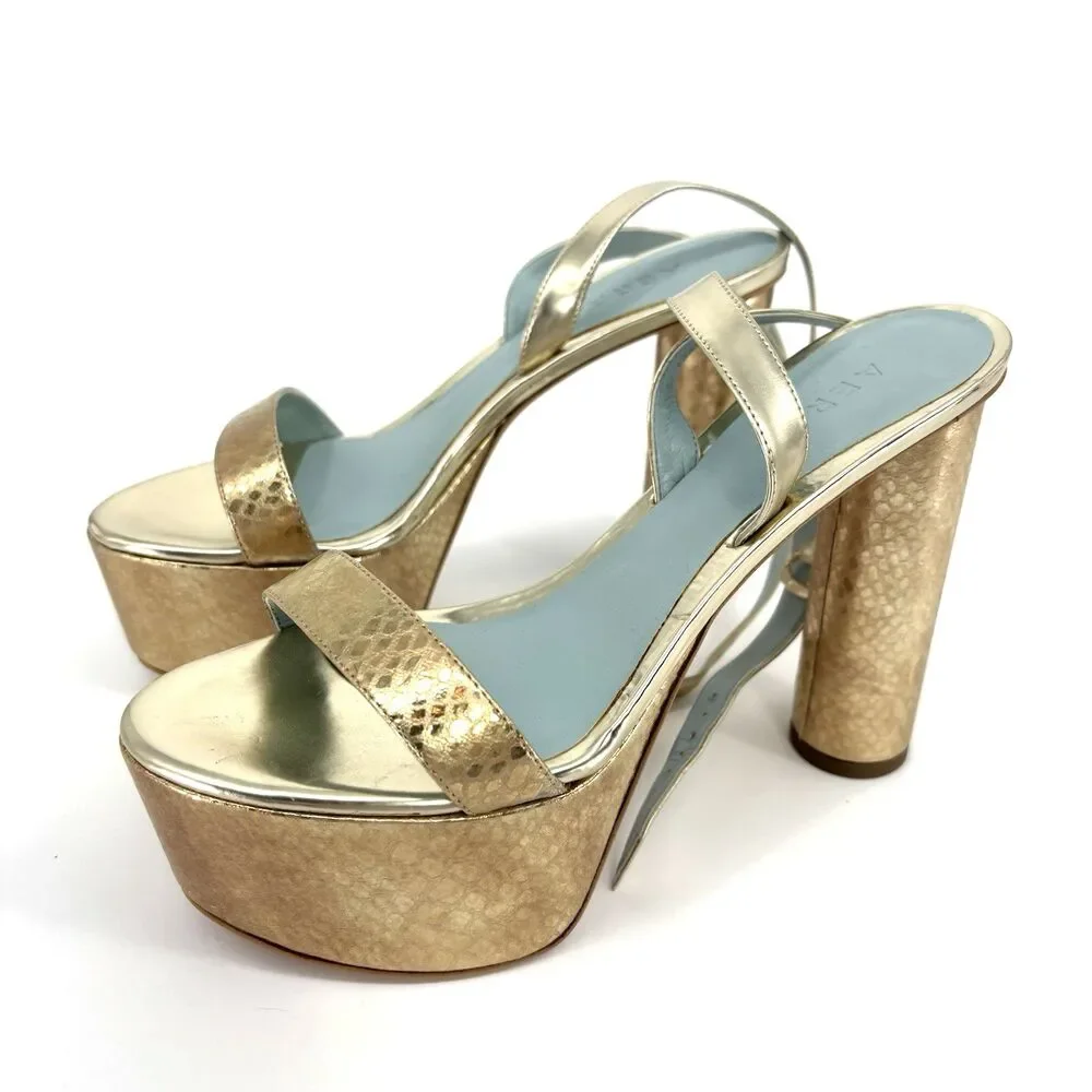 Aera Bianca Platform Block Heel Sandal Gold Python-Effect 8.5 Dust Bag/Box $395